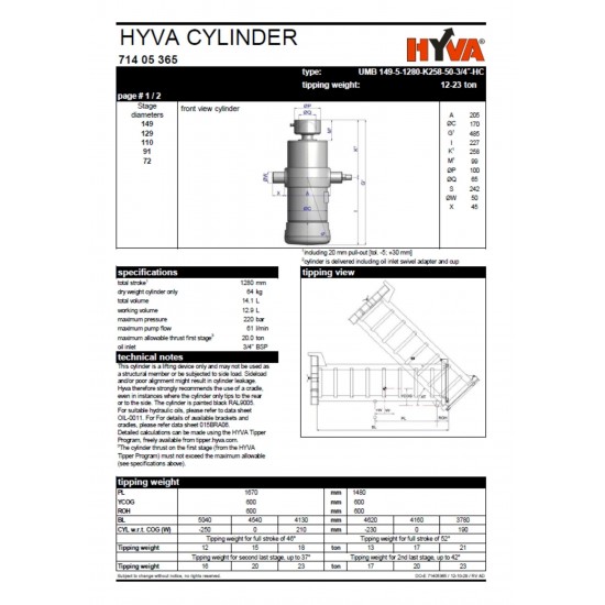 Циліндр HYVA UMB 149-5-1280 Циліндр HYVA UMB 149-5-1280