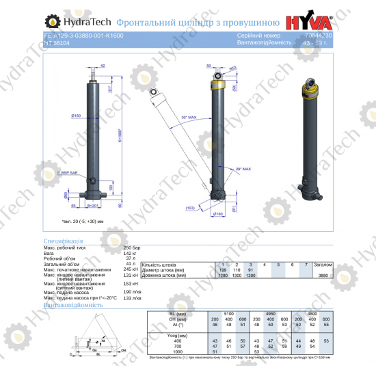 Циліндр HYVA FE 129-3-03880 Циліндр HYVA FE 129-3-03880