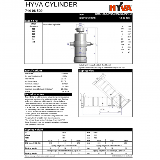 Циліндр HYVA UMB 169-6-1780 Циліндр HYVA UMB 169-6-1780