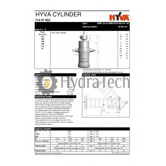 Циліндр HYVA UMB 191-6-2980 Циліндр HYVA UMB 191-6-2980